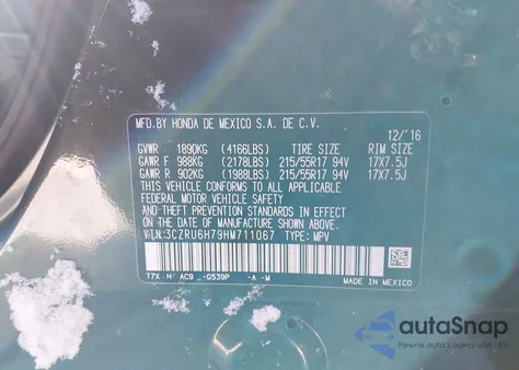 2017 Honda Hr-V Ex-L z USA, uszkodzony, nr VIN 3CZRU6H79HM711067